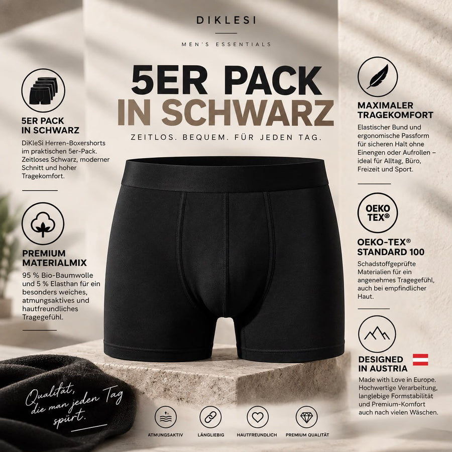 Diklesi Herren Boxershorts Premium Unterhosen Baumwolle Schwarz 5er Pack